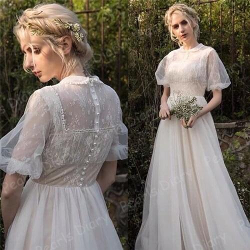 Vintage A-Line Lace Wedding Dresses Collar O Neck Beach Bridal Gowns Short Puffy Sleeves Wedding Bride Dress Vestido De Novia