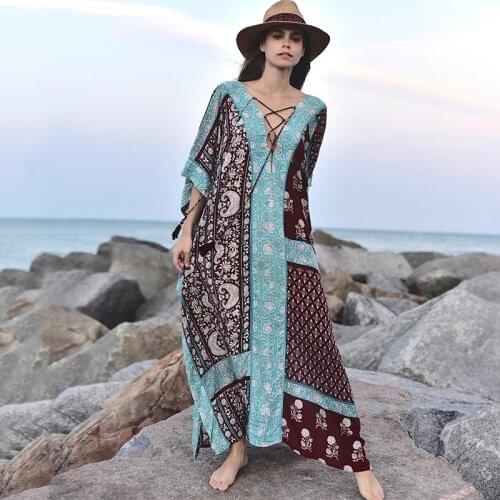 Cotton Floral Print Smock Frock Swim Bikini Cover Up Women Vintage Beach Boho Oversize Summer Long Dress 2021 Maxi Robe