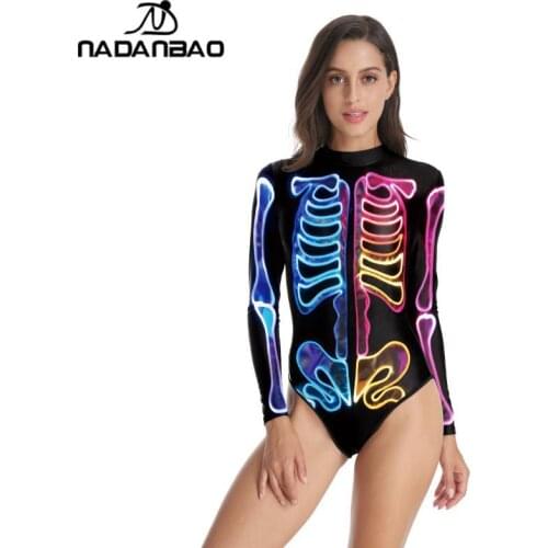 NADANBAO 2021 Gothic Swimwear Women Sexy Bikinis Beach Bodysuit Long Sleeves One Piece Swimsuits Push Up Print Bathing Suit