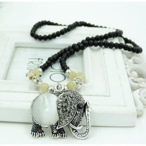 Antique Silver Plated Elephant Shape Cat Eye Stone Pendant Long Beads Chain Necklace Animal Jewelry