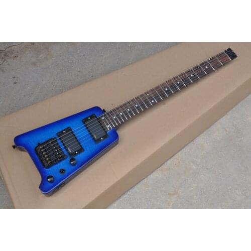 Free shipping custom 6 string guitar,headless blue guitar, flamed maple veneer,special bridge, HH pickups,,active