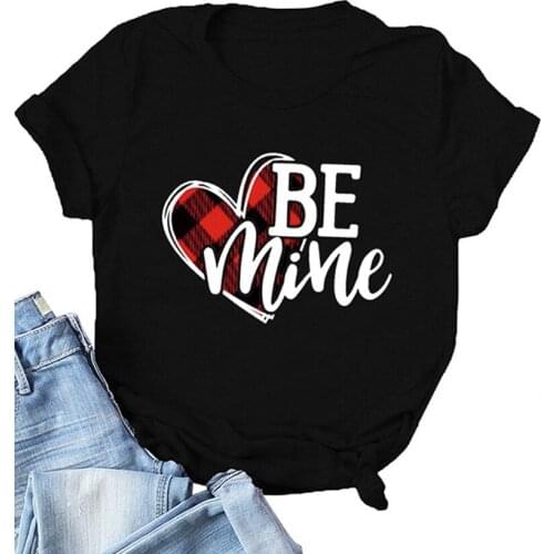BE Valentines Day Plaid Heart Letter Print T-shirt Women Couple Casual Short Sleeve Tops Femme O Neck Loose Comfortable Tees