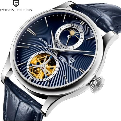 PAGANI Classic Blue Moon Phase Mechanical Watches Automatic Tourbillon Mens Genuine Leather Watch Relogio Masculino Dropship
