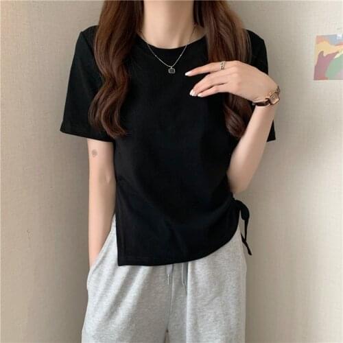 Drawstring Design O-Neck Short Sleeve T-shirt Women Summer Cotton Comfortable Tshirt Female Solid Tops Tee Girls Korean Fashion