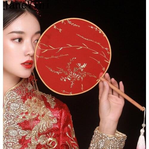 JaneVini Exquisite Chinese Red Bridal Fan Tassel Ancient Style Wedding Flower Bouquet Packaging Silk Printed Bride Hand Fans