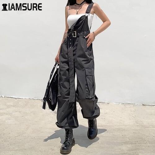 IAMSURE Solid Suspender Pockets Overalls Pants with Belt Streetwear Loose Cargo Jumpsuit Women Fashion Long Jumpsuits Autumn