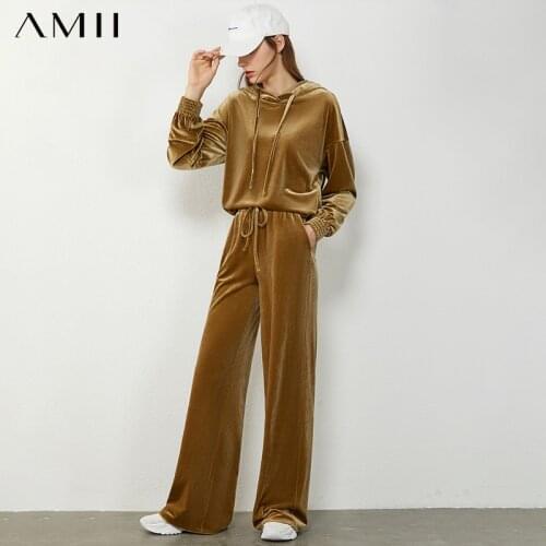 Amii Minimalism Fashion Suits For Women Causal Hooded Velvet Hoodies Elastic Waist Solid Loose Womens Pant Suit Female 12040637