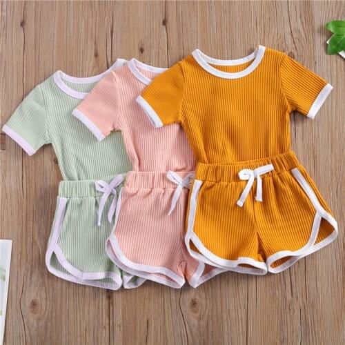 0-3Years Baby Boys Girls Summer Clothing Sets Ribbed Knitted O-neck T-shirts Tops+Shorts Pants Casual Cotton Tracksuits Outfits