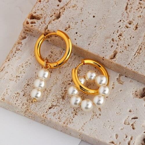 Lifefontier Vintage Natural Freshwater Pearl Drop Earrings for Women Gold Color Metal Circle Asymmetric Dangle Earrings Jewelry