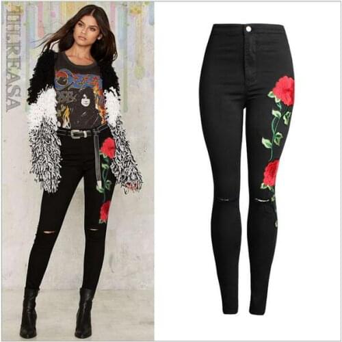 Fashion Broken Jeans Female High Waist Embroidered Black Skinny Pants One Rip Trousers for Women Taille Elastique Large Size