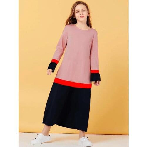 Muslim Girls Dress Islamic Clothing Dubai Sweat Kids Moroccan Abaya Hijab Dresses A-line Elbise Vestido Kaftan Yellow Spring