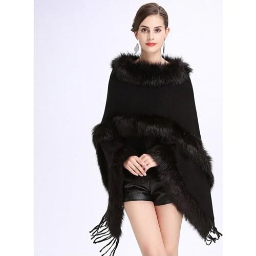 2018 Autumn Winter New Occident Fur Round Collar Cashmere Fox Fur Poncho Shawl Cape Women Tassels Pullover Cloak Coat Cloke