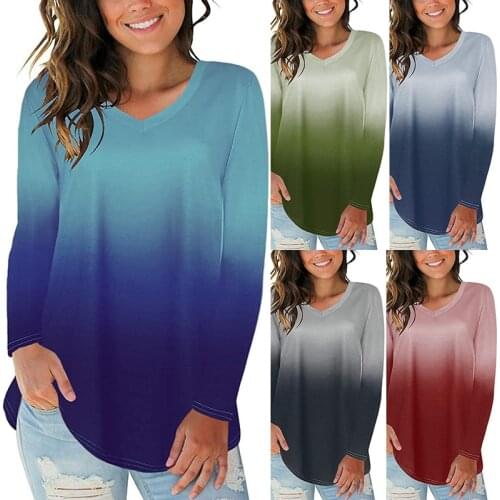 New Fashion V-Neck Casual Gradual Change Cotton Shirts for Women Loose Irregular Long Sleeve Female T-Shirt Chemises Pour Femmes