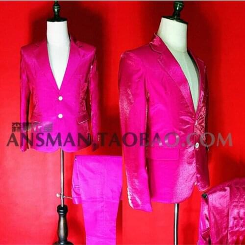Hot New Nightclub Bar Male Dj Singer High End Reflective Fluorescent Pink Satin Suit Men Fashion Suits Costume S-5xl