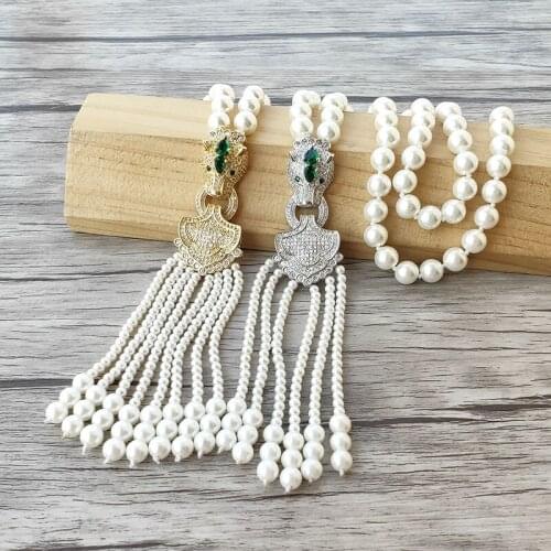 4Pcs Leopard head Green zircon charm Pendant CZ Micro pave,Natural Shell Pearl Beads Chain tassels Women Jewelry Necklace NK514