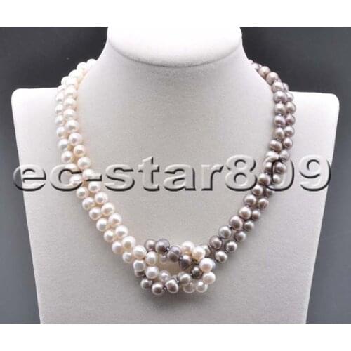 P6250 2Row 16" 8mm White Gray Round Freshwater PEARL Knot NECKLACE Women Fashion Jewelry