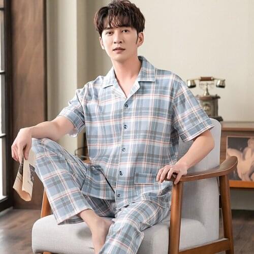 Summer Mens Pajamas Sets Plaid Lapel Cotton Button Short Sleeve Sleepwear Tops Long Pants Soft Unisex Pyjamas Suit Homewear 4XL