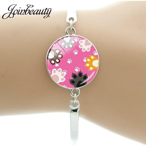 JOINBEAUTY Cute Cat Footprint Round Glass Picture Charm Bracelets Handmade For Girl Birthday Gifts Jewelry Fashion Bangles NT319