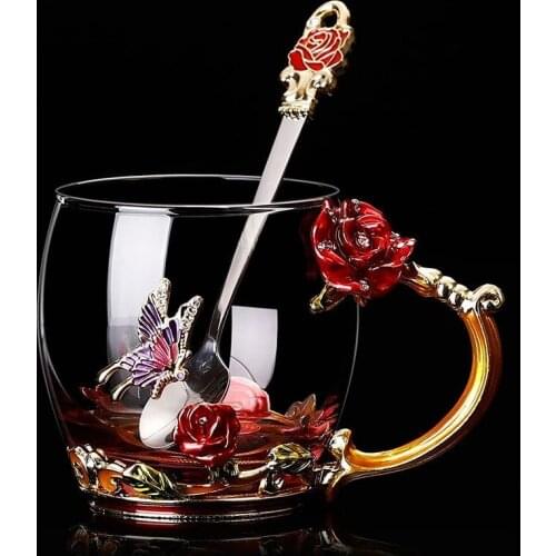Palace Old Fashioned Glass Tea Cup Creative 3D Flower Butterfly For Milk Coffee Latte Drinkware Heat-resistant Cups With Spoon