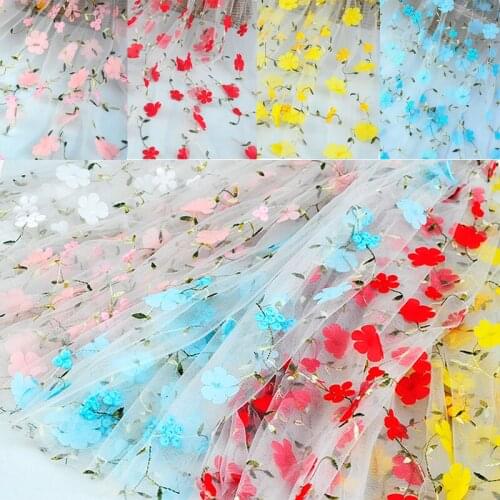 1yard Chiffon 3D Fowers Embroidery African Net Lace Fabric Applique Handmade DIY Clothing Wedding Dress Skirt Party Mesh Fabric