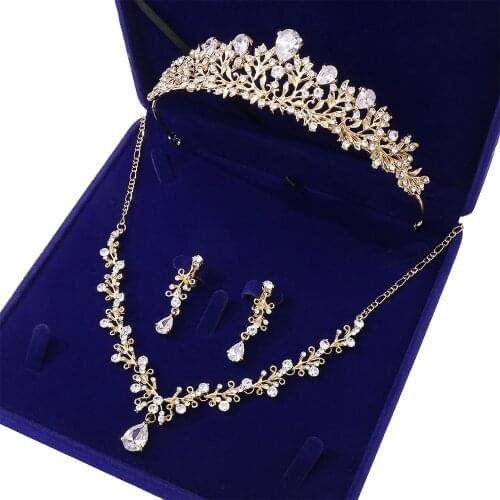 Baroque Gold Rhinestone Bridal Jewelry Sets Women Crystal Tiaras Crown Necklace Set Earrings For Bride Wedding Hair Accessories