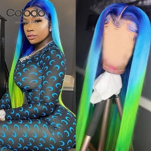 Ombre Yellow Pink Wig 13x4 Straight Lace Front Wig Pre Plucked Green Blue Ombre Human Hair Wigs with Baby Hair COLODO