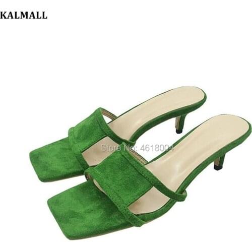 KALMALL Summer Hot Green Mules Women Gladiator Kitten Heels Cut Outs Sandals Square Toe Slippers Slip on Casual Sandle