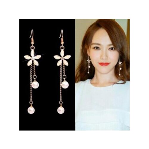 New Wild chain pearl earrings fresh sweet long section crystal tassel five petals flower women earrings fashion jewelry gift