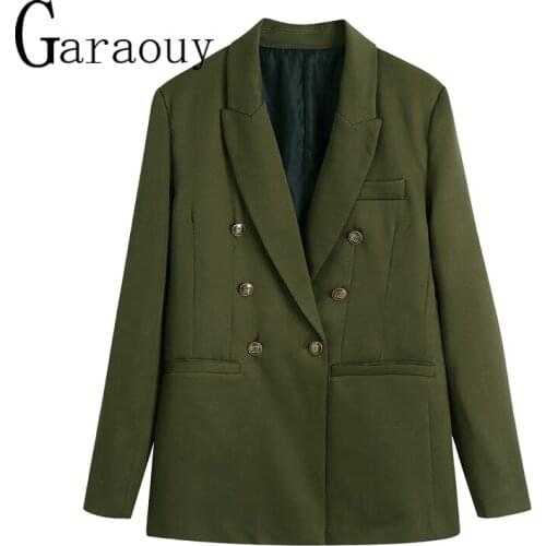 Garaouy 2021 New Women Spring Autumn Long Sleeve V-neck Pocket Blazer Jacket Slim Metal Buttons Double Breasted Blazer ZA