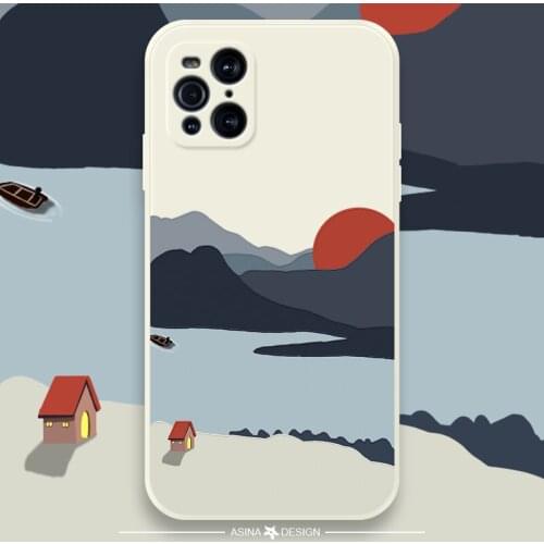 ASINA Liquid Silicone Case For Find X3 X2 Lite Neo Cartoon Scenery Straight Edge Cover Bumper For OPPO Reno 6 5 4 3 2 Pro Funda