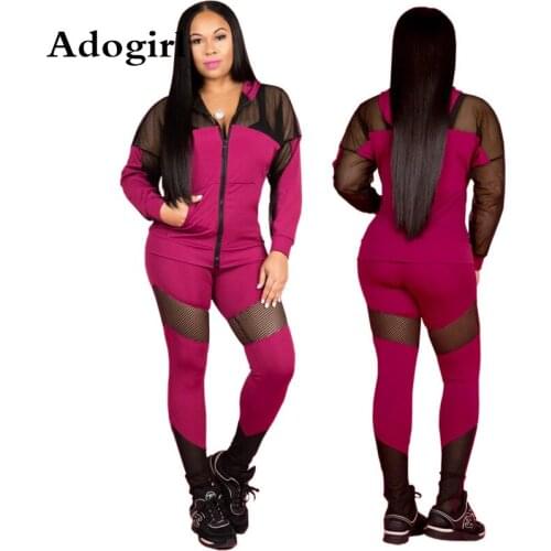 Adogirl Mesh Patchwork Sexy 2 Piece Set 2019 Long Sleeve Hooded Coats And Casual Long Pants 2 Colors Women Sporty Tracksuits