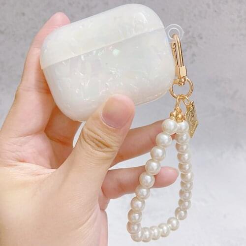 White Glossy Pearl Shell Cute Bracelet Girly Case for Airpods 1 2 Airpod Pro with Key Ring Earphone Silicone Case for Aurpods