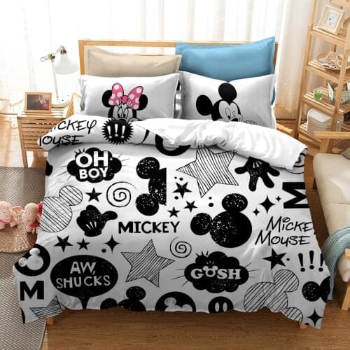 Disney Black and White Cartoon Mickey Minnie Bedding Set Duvet Cover Pillowcase 3D Printing Home Textile Children Boys Girl Gift