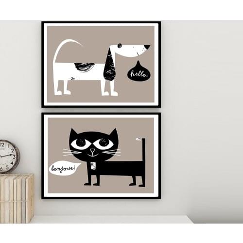 Cute Cat and Dog Art Black Cat Canvas Painting Wall Art Nordic Posters and Prints Wall Pictures for Living Room Decoration