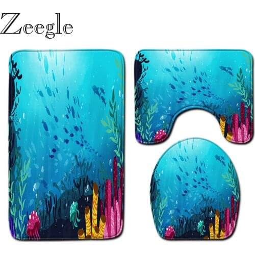 Underwater World Printed Bathroom Rug Set Absorbent Shower Mat Anti-slip Bathroom Toilet Pedestal Rug Soft Toilet Cover Seat Mat