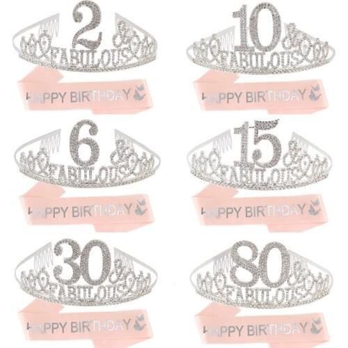 Birthday Sash Tiara Set Party Decor Women Girls Rose Gold Belt Rhinestone Crystal Crown Cake Topper Event Favor 2sets/lot