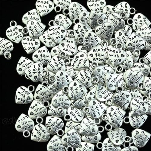 Lot 50 Silver MADE WITH LOVE CZ Heart Charms Pendants Necklace Beads DIY