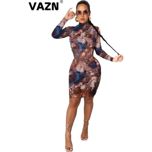 VAZN 2020 New Arrival Plus Size Sexy Vintage Young Joker Parity Style Turtleneck Full Sleeve Women High Waist Pencil Midi Dress