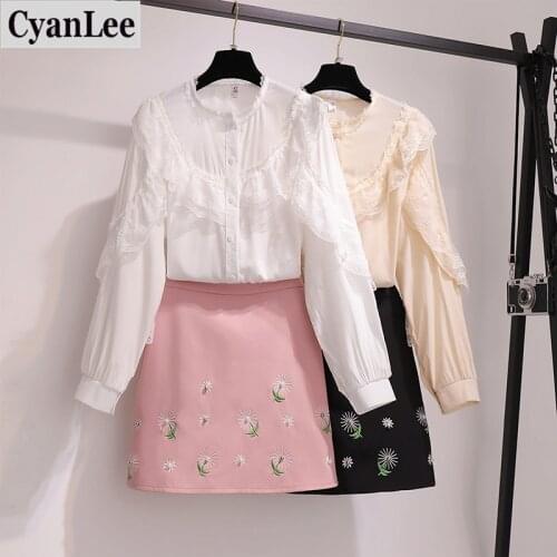 Cyanlee 2020 Autumn Casual Two Piece Women Sets Lace Ruffles Shirt + Mini Skirt Embroidery Floral Zipper Sweet Suit 2 Piece Set