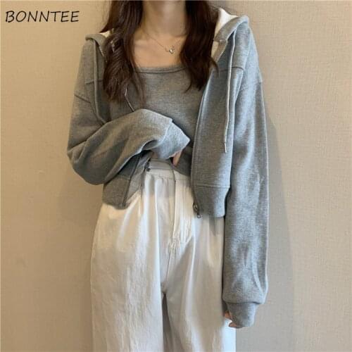 Hoodies Women Trendy Leisure Spring Autumn Korean Style Elegant Hooded Solid Outerwear Chic Soft Cropped Zip-up Female Clothes