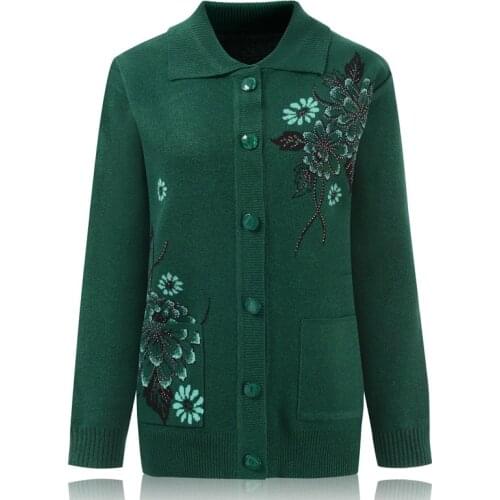 Middle-aged Women Mother Outerwear Turn Down Collar Long Sleeve Sweater Cardigan Warm Autumn Winter Large Size Sweaters Jacket