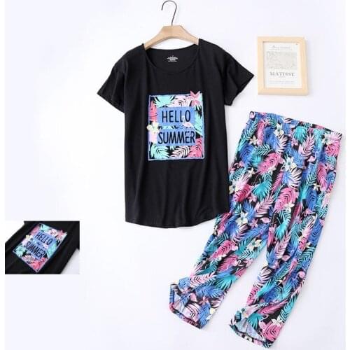 S-3XL Women Print Cotton Pajamas Sets 2PCS O-Neck Shirt Loungewear Lady Sleep Suit Pyjamas Sleepwear Nightwear Summer Home Wear