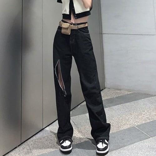 Womens straight jeans hole ins loose high waist wide leg denim trousers casual streetwear 2021 autumn fashion pants for women