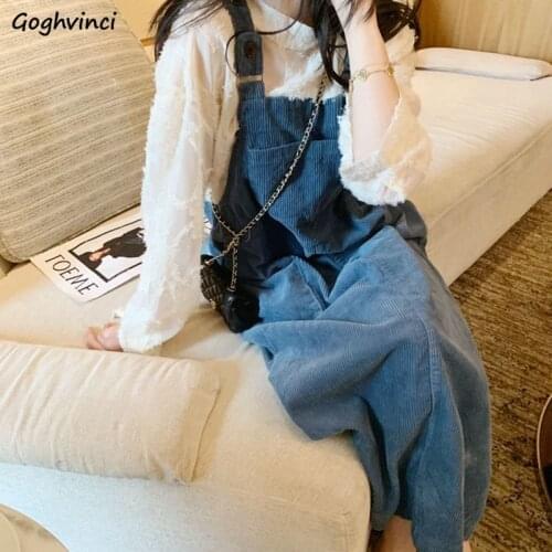 Women Sets 2 Piece O-Neck Loose Shirts Corduroy Front Pocket Mid-calf Suspenders Dress Korean Style Streetwear Casual Students