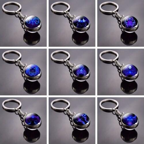 12 Zodiac Keychain Sphere Ball Crystal Key Ring Scorpio Leo Aries Friendship Jewelry Gift for Women Girls Classical High Quality