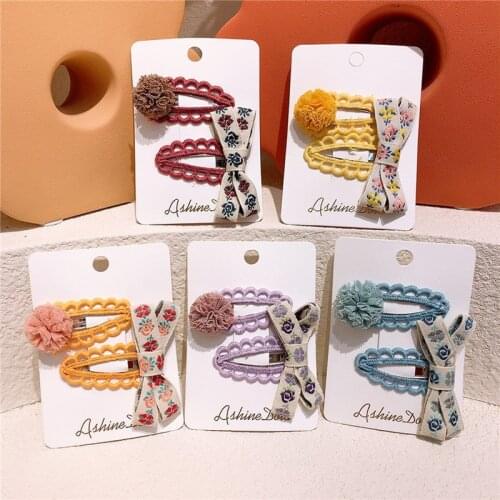 2021 Korean Style Cute Girl Hairpins Fabric Bow Ball Yarn Hollow Embroidery BB Hair Clip for Children Fashion Hair Accessories
