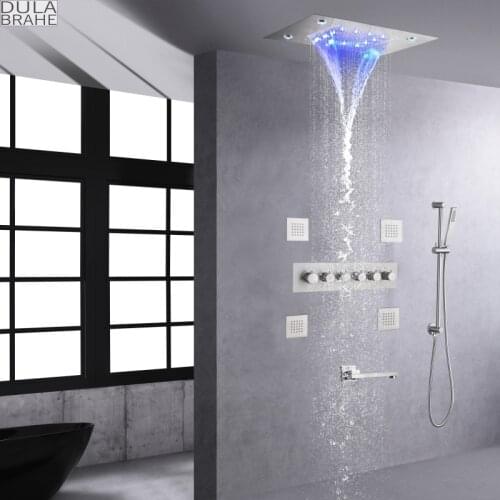 DULABRAHE Thermostatic Brushed Shower Faucet Set Bathroom System Concealed Body Spray 20X14 Inch LED Waterfall Rain Shower Head