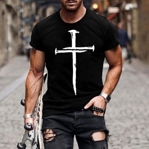 Mens Jesus Christ cross 3d printed t-shirt summer casual all-match fashion short-sleeved oversized round neck streetwear