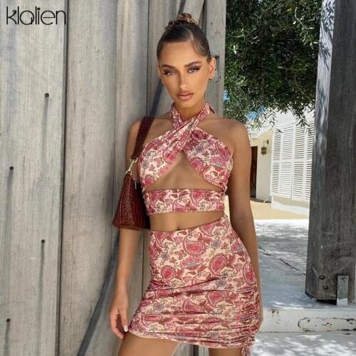 KLALIEN Fashion Sexy Print Hollow out Bandage Beach Vacation Party Casual Skinny Camisole and Mini Skirt 2 Piece Skirt Set Women