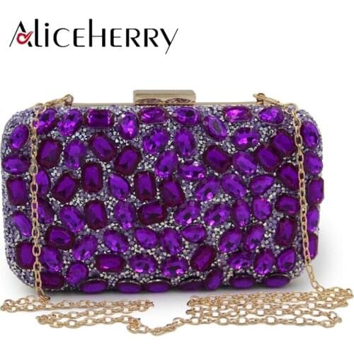 Hot Sellers Woman Evening bag Purple Handmade Diamond Box Clutch bags Wallet Wedding Bridal Purse Banquet girls shoulder bag